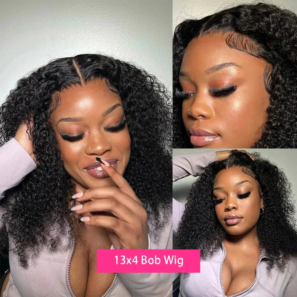 Deep Curly Bob Wigs 13X4 Transparent Lace Frontal Wigs Human Hair 200% Density 100% Human Hair Deep Wave Bob Wig For Black Women