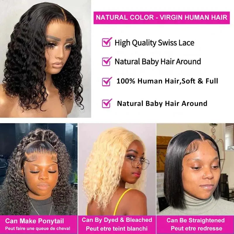 Deep Curly Bob Wigs 13X4 Transparent Lace Frontal Wigs Human Hair 200% Density 100% Human Hair Deep Wave Bob Wig For Black Women