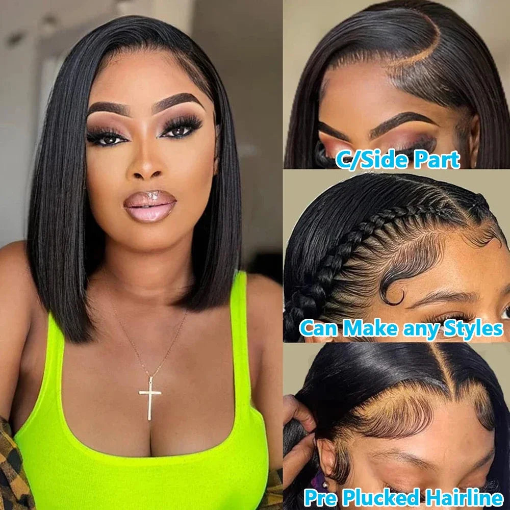 200% Density 13x4 Short Bob Straight Brazilian Remy Hair HD Transparent Lace Full Lace Frontal Wigs 100% Human Hair For Women