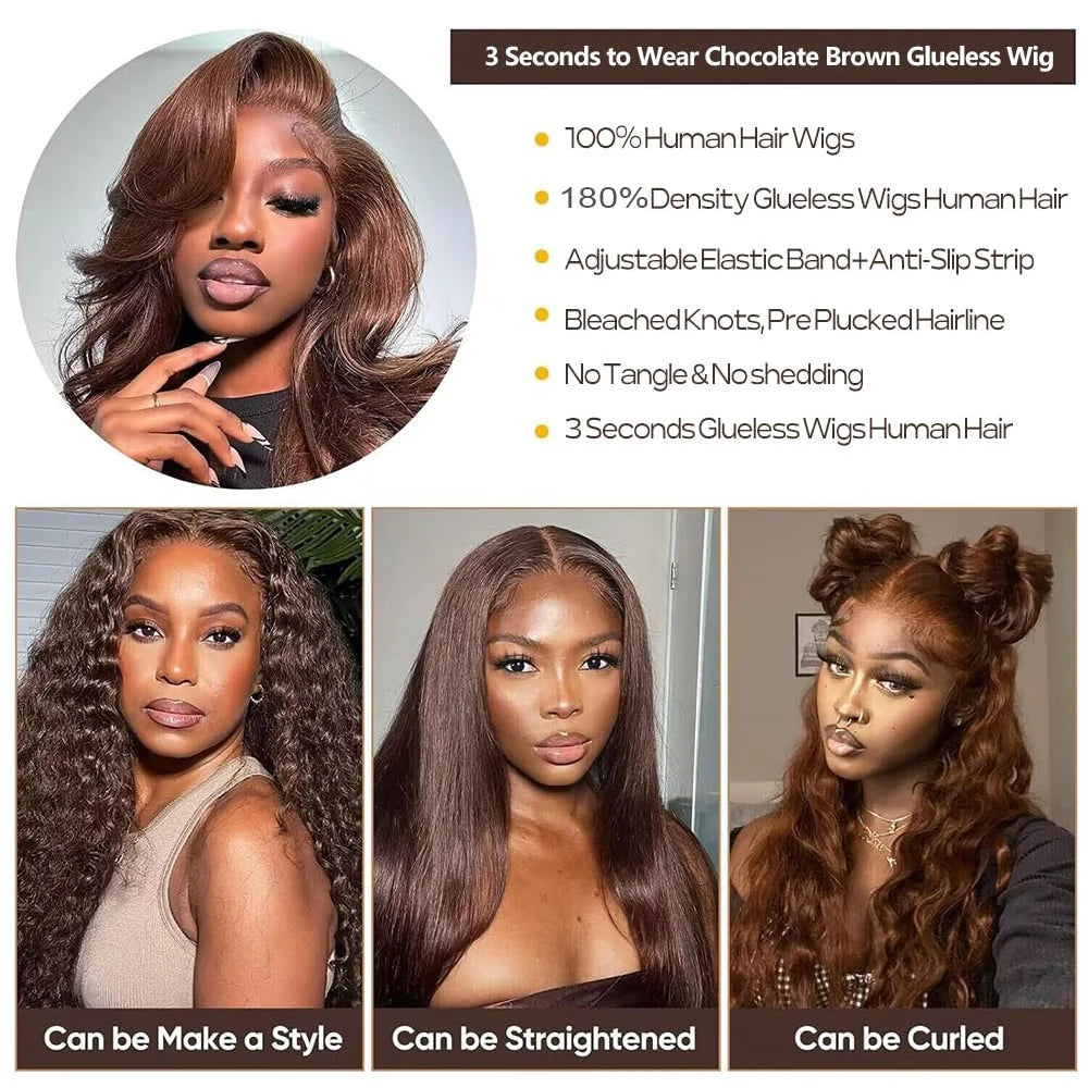 Chocolate Brown Glueless Wigs Human Hair Ready To Wear And Go Transparent 13x4 HD Lace Frontal Wig Body Wave Lace Front Wig