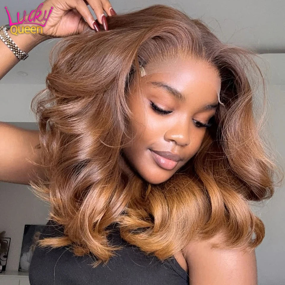 Short Bob Ombre Blonde 180 Density Light Brown Bob Wig Body Wave Pre-Plucked 13x4 Lace Frontal For Women 100% Human Hair Wigs