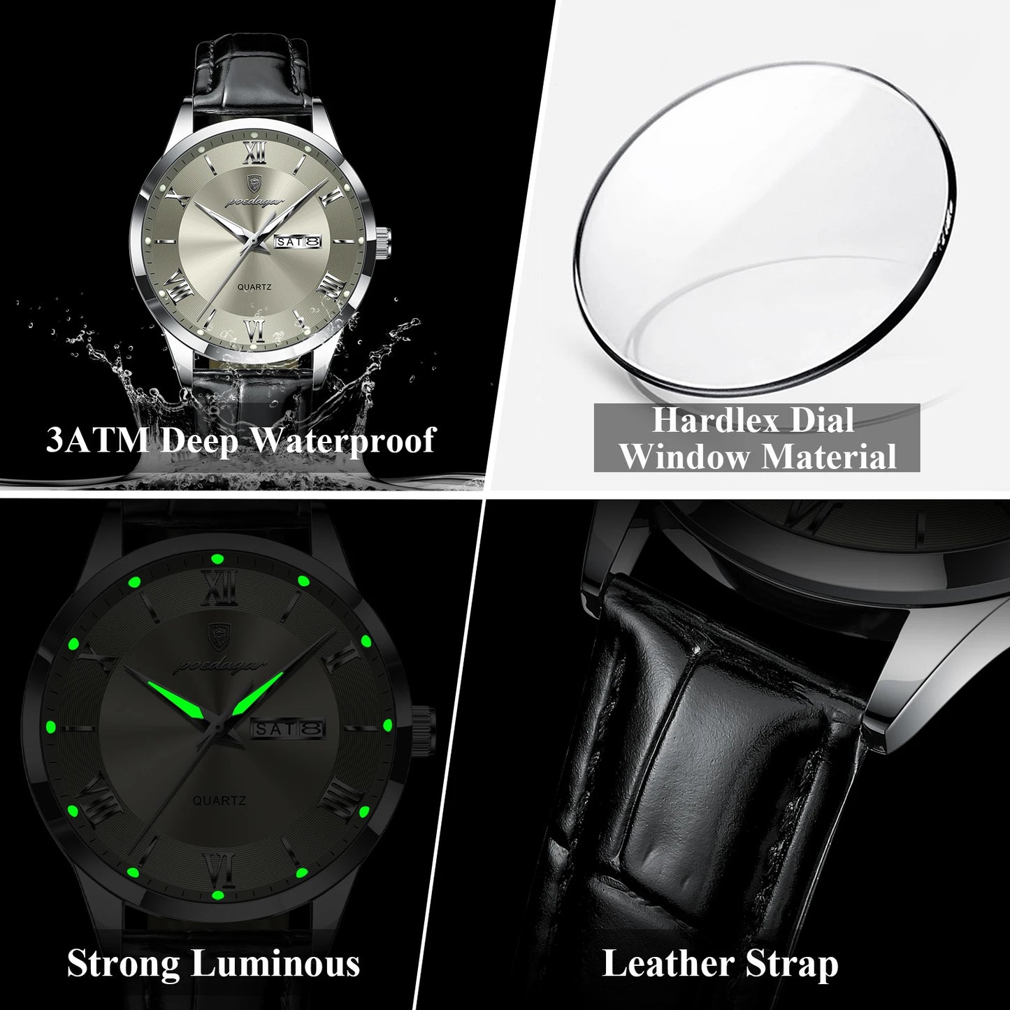 POEDAGAR Top Luxury Watch For Men Military Waterproof Luminous Date Week Man Wristwatch Leather Men's Quartz Watches Sport Reloj