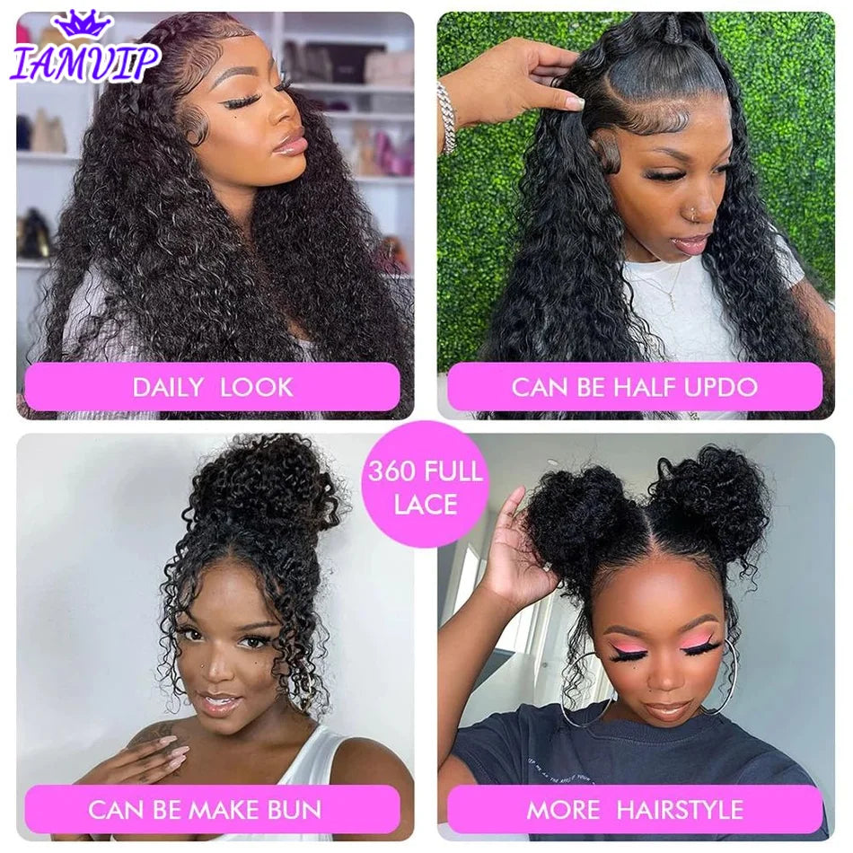 250 Density Invisi Strap 360 Full HD Lace Frontal Kinky Curly Wig Black Human Hair Drawstring Snug 30 inch Water Wig Glueless