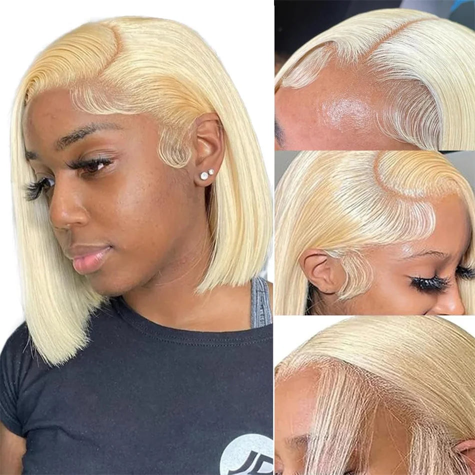100% Vietnamese Super Double Drawn Bone Straight 13x4 Frontal Bob Wig with Human Hair 613Honey Blond 210%Density For Black Women