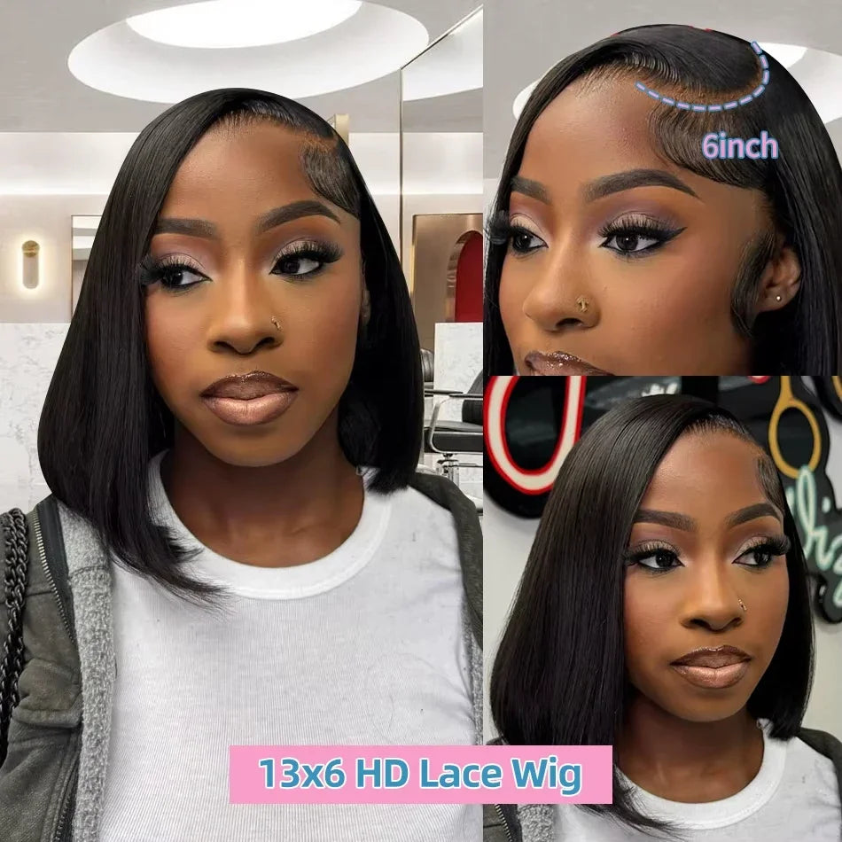 200% Density 13x4 Short Bob Straight Brazilian Remy Hair HD Transparent Lace Full Lace Frontal Wigs 100% Human Hair For Women