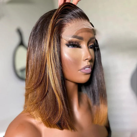 Soft 180% Density Ombre Blonde 16" Short Cut Bob Straight Deep Lace Front Wig For Women Baby Hair Preplucked Glueless Daily