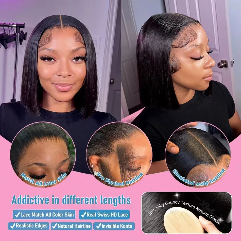 200% Density 13x4 Short Bob Straight Brazilian Remy Hair HD Transparent Lace Full Lace Frontal Wigs 100% Human Hair For Women
