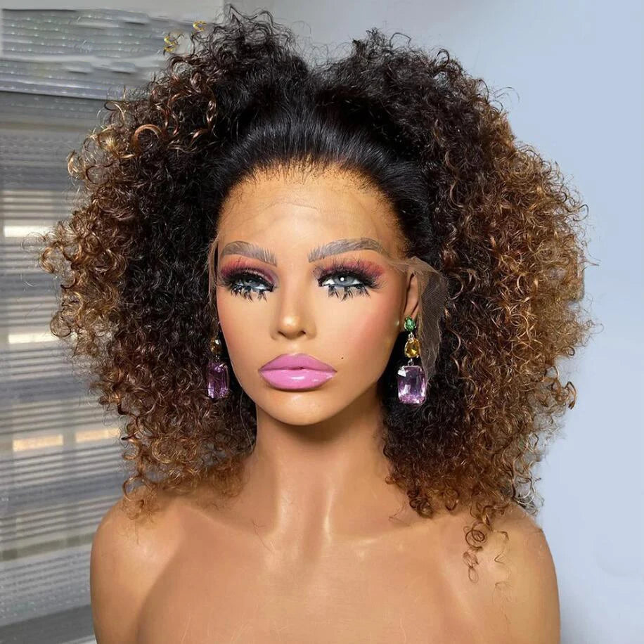 Bob Soft 16“Ombre Blonde Brown Kinky Curly 180Density Lace Front Wig For Black Women BabyHair Glueless Preplucked Heat Resistant