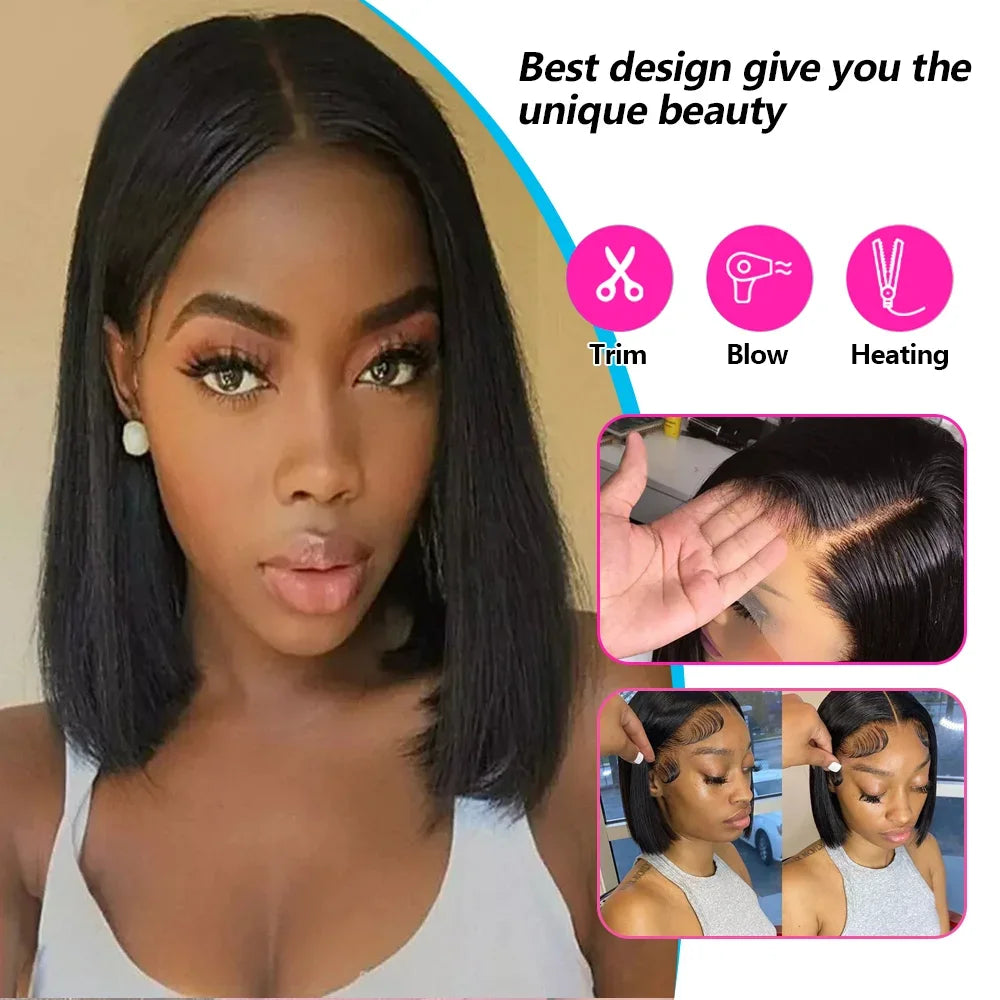 200% Density 13x4 Short Bob Straight Brazilian Remy Hair HD Transparent Lace Full Lace Frontal Wigs 100% Human Hair For Women