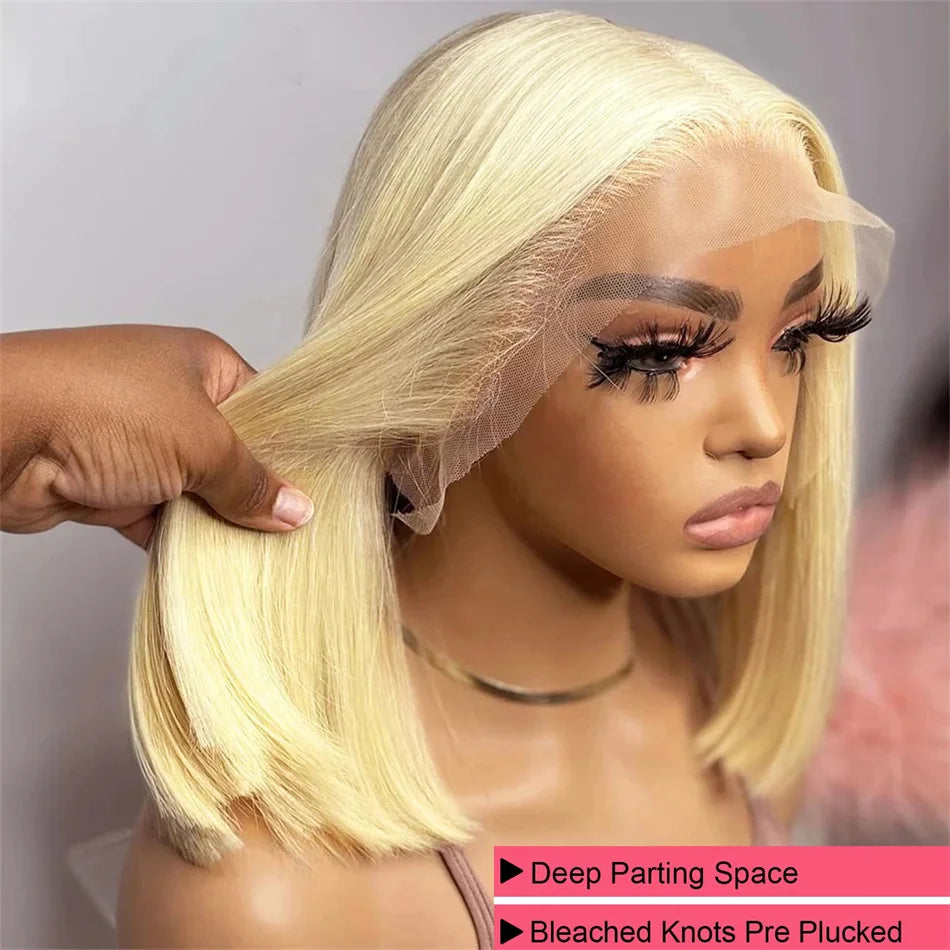 100% Vietnamese Super Double Drawn Bone Straight 13x4 Frontal Bob Wig with Human Hair 613Honey Blond 210%Density For Black Women