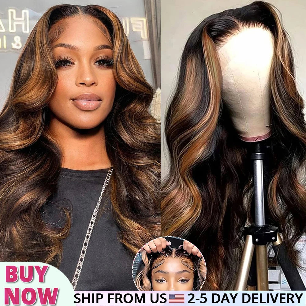 9x6 Glueless Wigs Human Hair Pre Cut Lace 1B/30 Colored Highlight Human Hair Wigs For Women Pre Plucked Body Wave Lace Front Wig