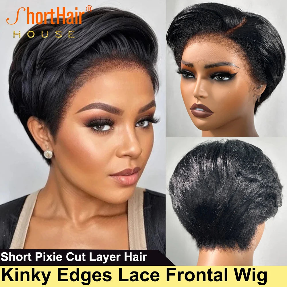 Kinky Edges Pixie Cut Lace Front Wigs Human Hair Straight Bob Curly Baby Hair 13X4 Transparent Lace Front Wig for Black Women