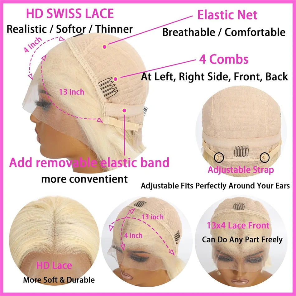 100% Vietnamese Super Double Drawn Bone Straight 13x4 Frontal Bob Wig with Human Hair 613Honey Blond 210%Density For Black Women