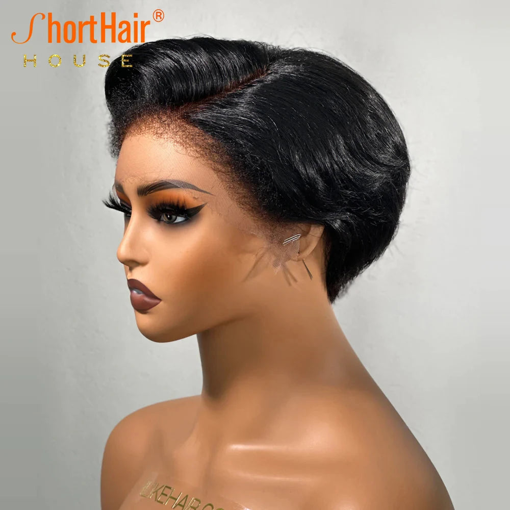 Kinky Edges Pixie Cut Lace Front Wigs Human Hair Straight Bob Curly Baby Hair 13X4 Transparent Lace Front Wig for Black Women