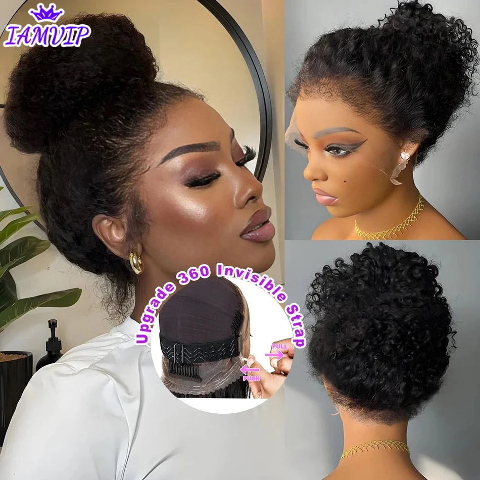 250 Density Invisi Strap 360 Full HD Lace Frontal Kinky Curly Wig Black Human Hair Drawstring Snug 30 inch Water Wig Glueless