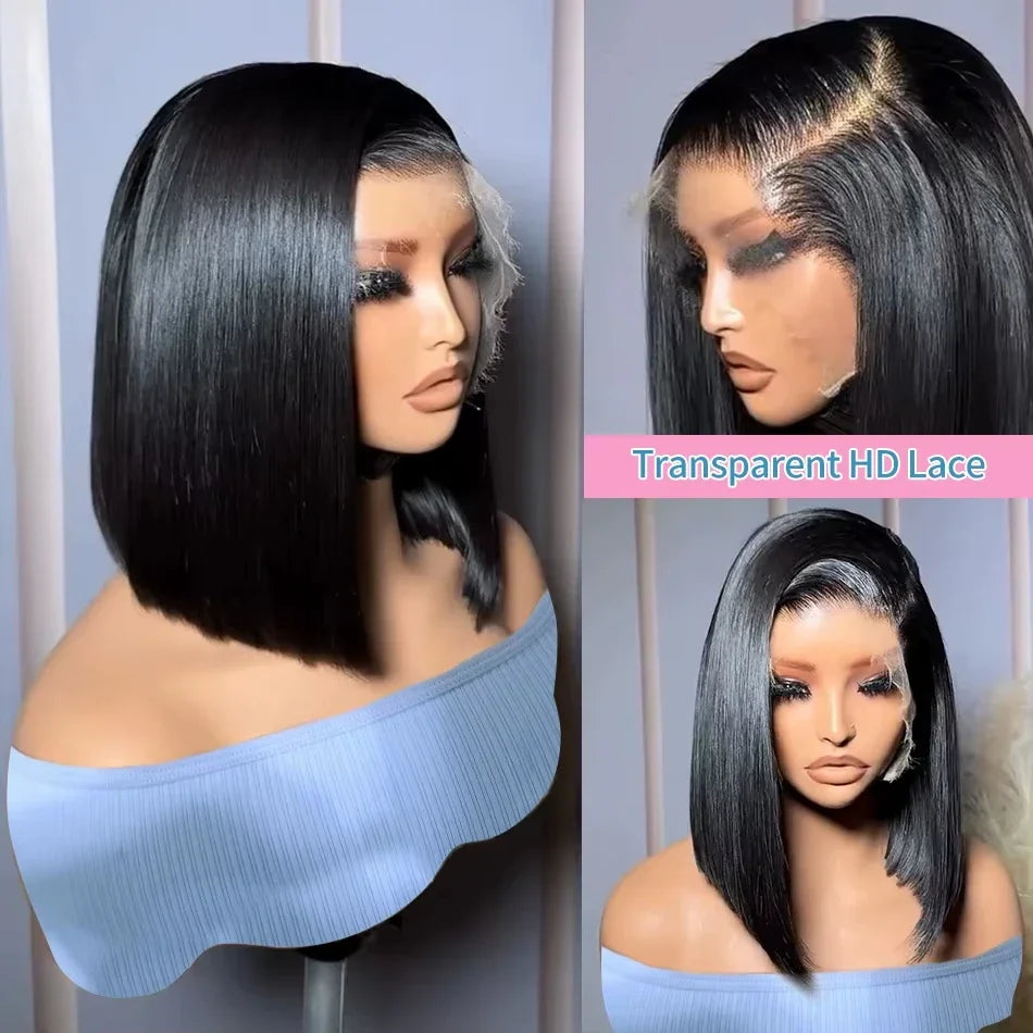 200% Density 13x4 Short Bob Straight Brazilian Remy Hair HD Transparent Lace Full Lace Frontal Wigs 100% Human Hair For Women