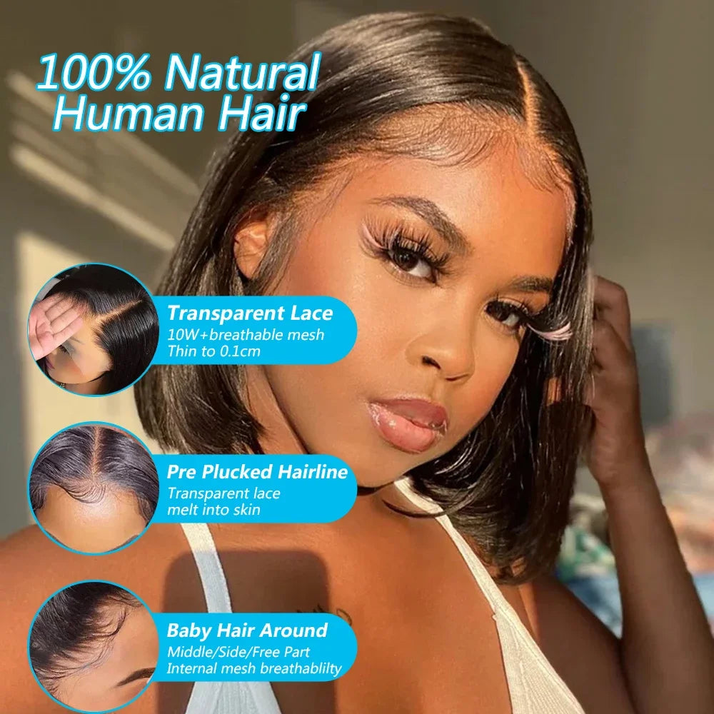200% Density 13x4 Short Bob Straight Brazilian Remy Hair HD Transparent Lace Full Lace Frontal Wigs 100% Human Hair For Women