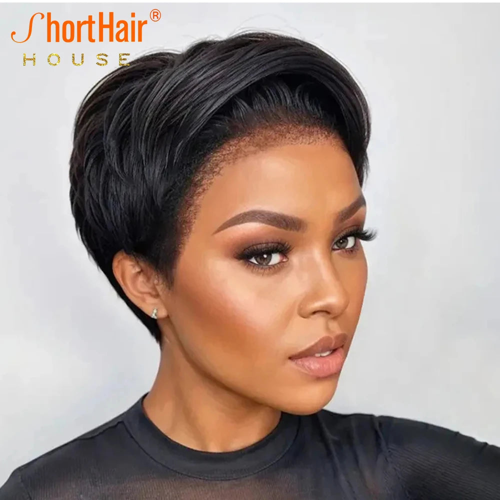 Kinky Edges Pixie Cut Lace Front Wigs Human Hair Straight Bob Curly Baby Hair 13X4 Transparent Lace Front Wig for Black Women