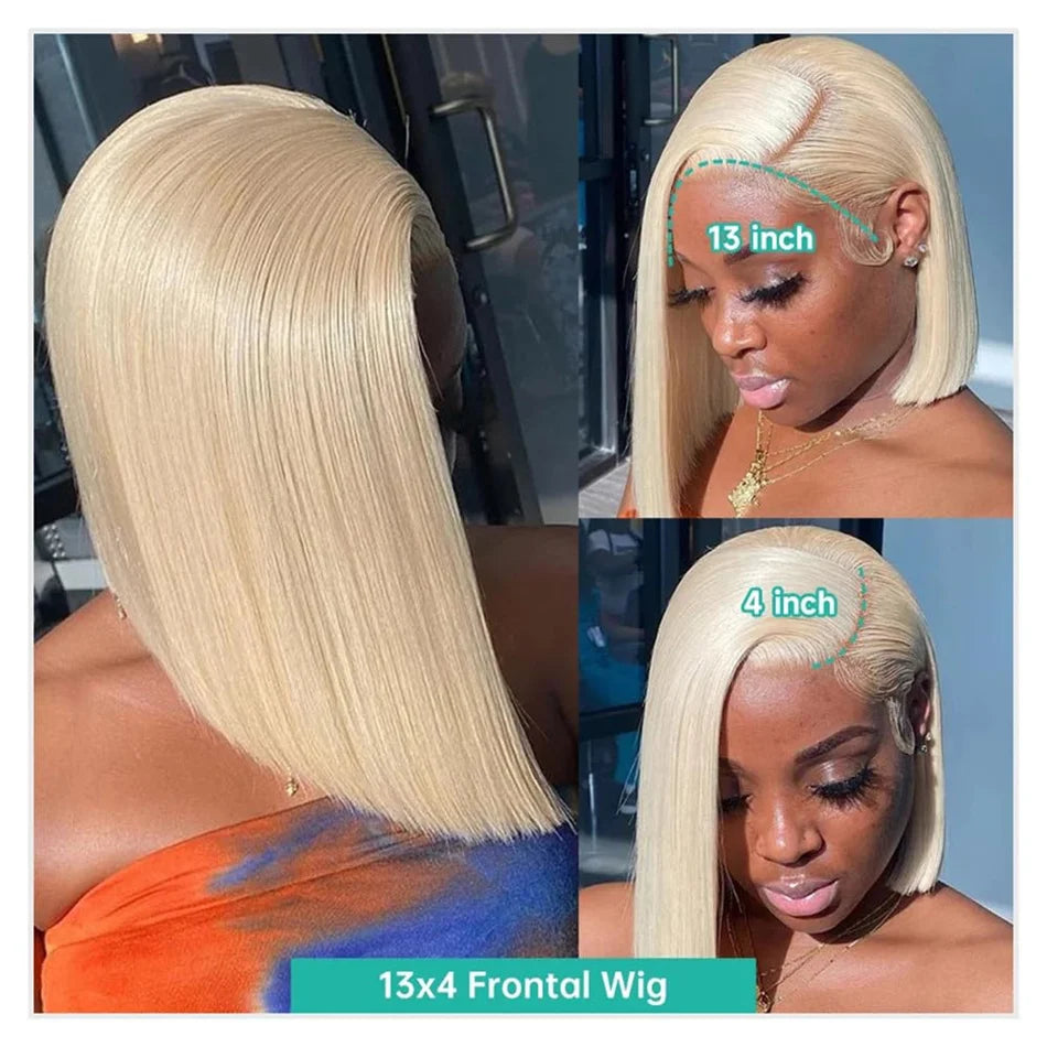 100% Vietnamese Super Double Drawn Bone Straight 13x4 Frontal Bob Wig with Human Hair 613Honey Blond 210%Density For Black Women