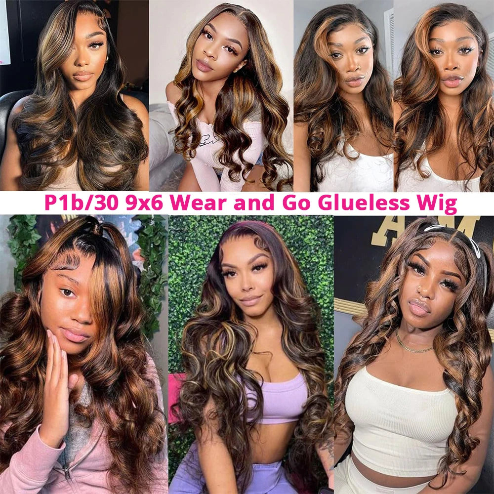 9x6 Glueless Wigs Human Hair Pre Cut Lace 1B/30 Colored Highlight Human Hair Wigs For Women Pre Plucked Body Wave Lace Front Wig