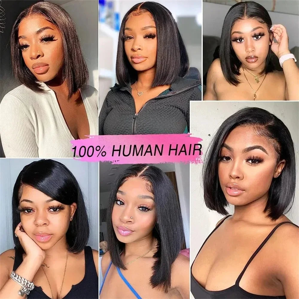 200% Density 13x4 Short Bob Straight Brazilian Remy Hair HD Transparent Lace Full Lace Frontal Wigs 100% Human Hair For Women