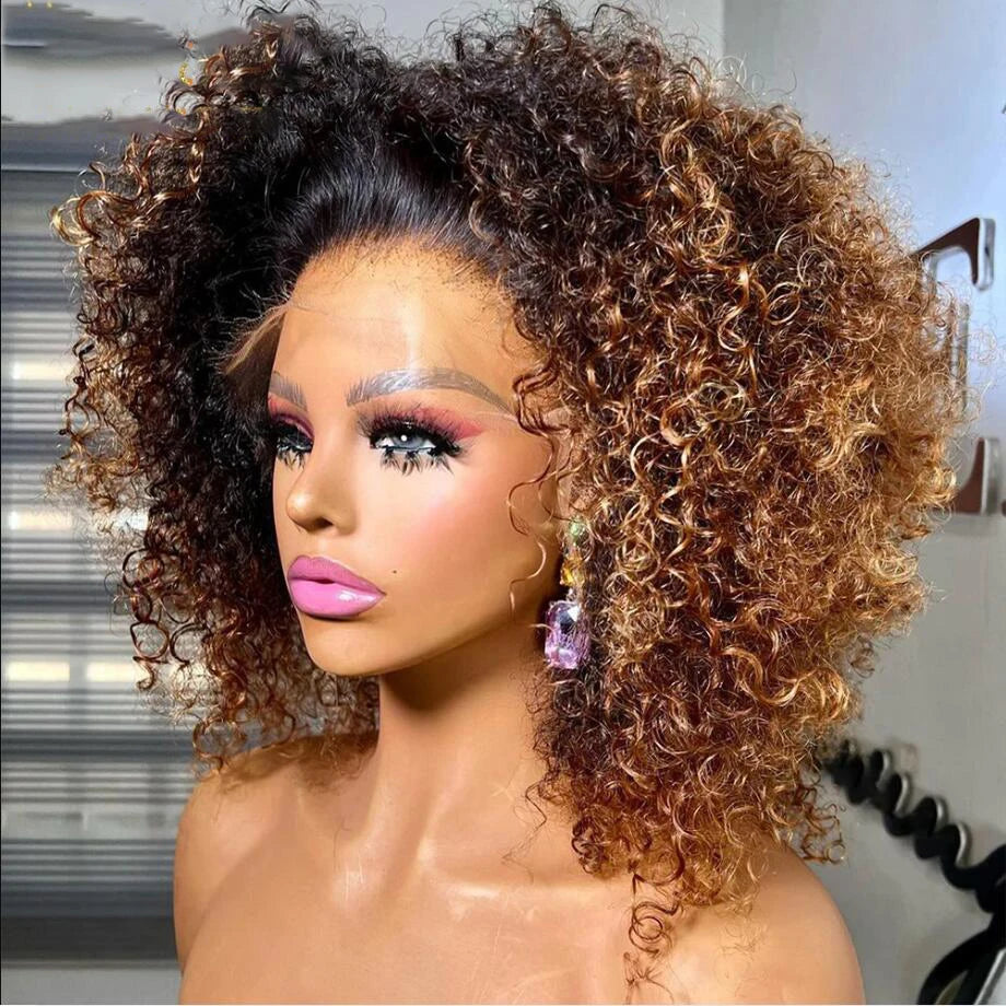 Bob Soft 16“Ombre Blonde Brown Kinky Curly 180Density Lace Front Wig For Black Women BabyHair Glueless Preplucked Heat Resistant