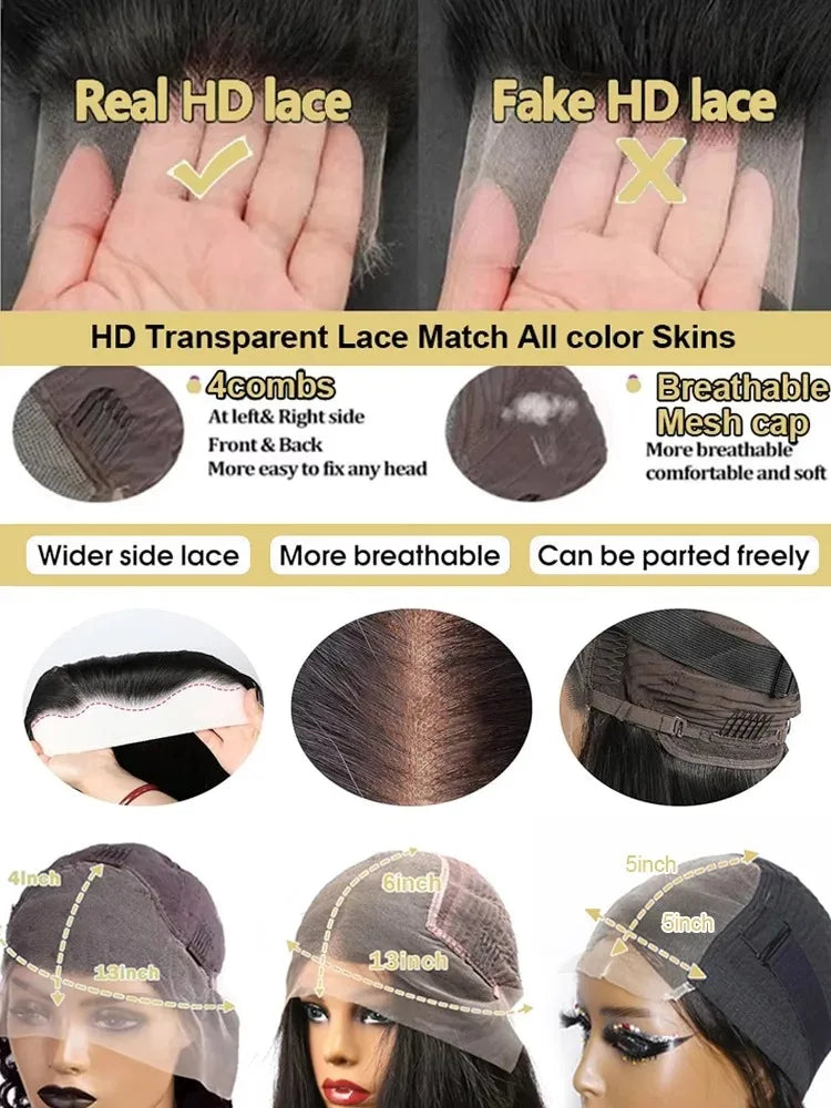 200% Density 13x4 Short Bob Straight Brazilian Remy Hair HD Transparent Lace Full Lace Frontal Wigs 100% Human Hair For Women