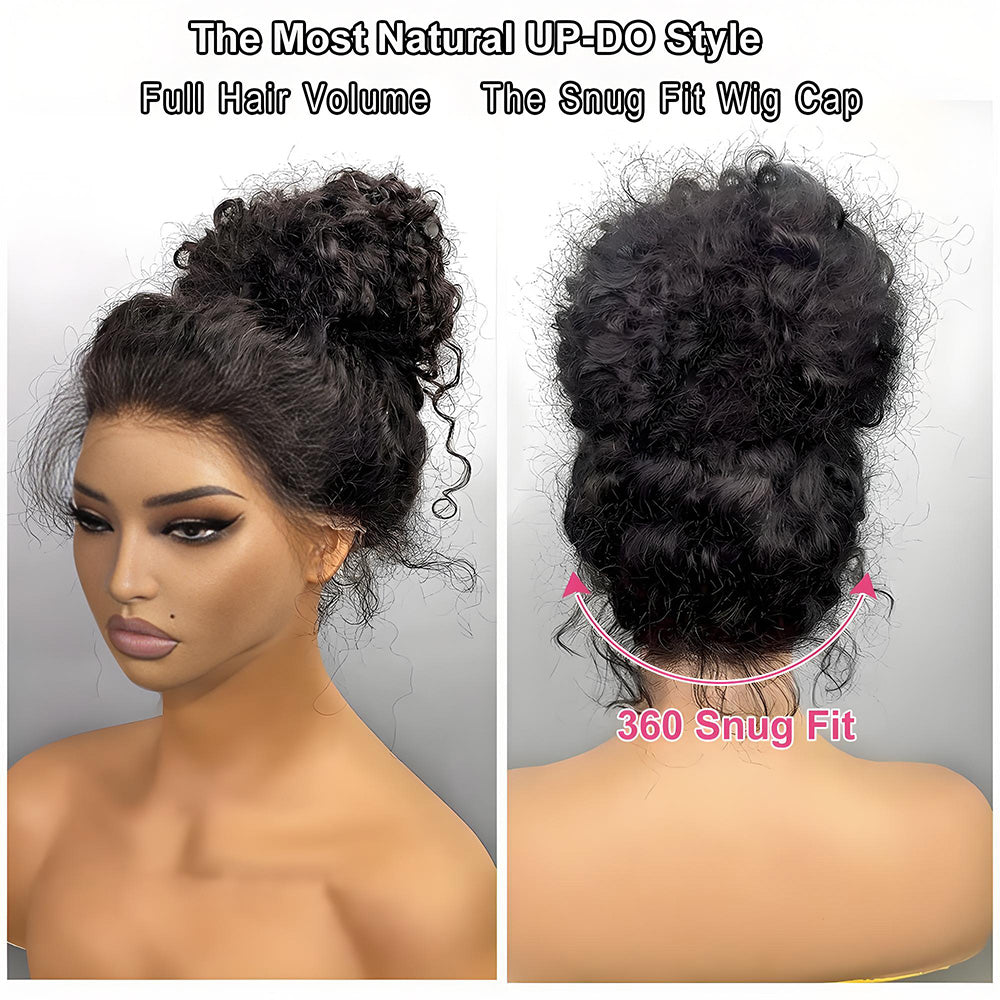 250 Density Invisi Strap 360 Full HD Lace Frontal Kinky Curly Wig Black Human Hair Drawstring Snug 30 inch Water Wig Glueless