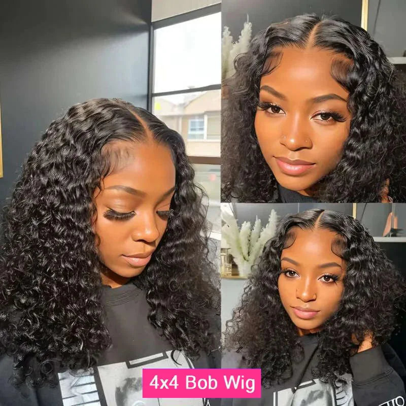 Deep Curly Bob Wigs 13X4 Transparent Lace Frontal Wigs Human Hair 200% Density 100% Human Hair Deep Wave Bob Wig For Black Women