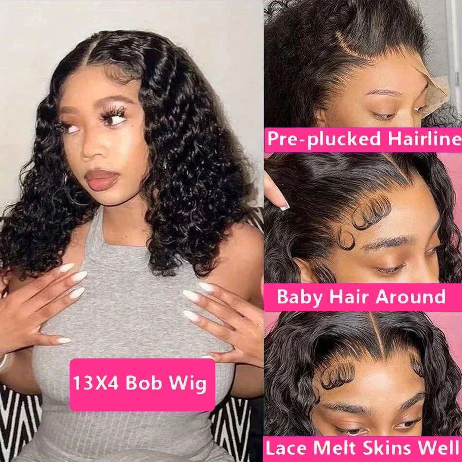 Deep Curly Bob Wigs 13X4 Transparent Lace Frontal Wigs Human Hair 200% Density 100% Human Hair Deep Wave Bob Wig For Black Women