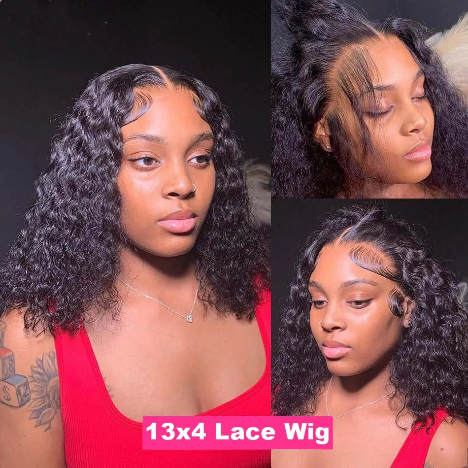 Deep Curly Bob Wigs 13X4 Transparent Lace Frontal Wigs Human Hair 200% Density 100% Human Hair Deep Wave Bob Wig For Black Women