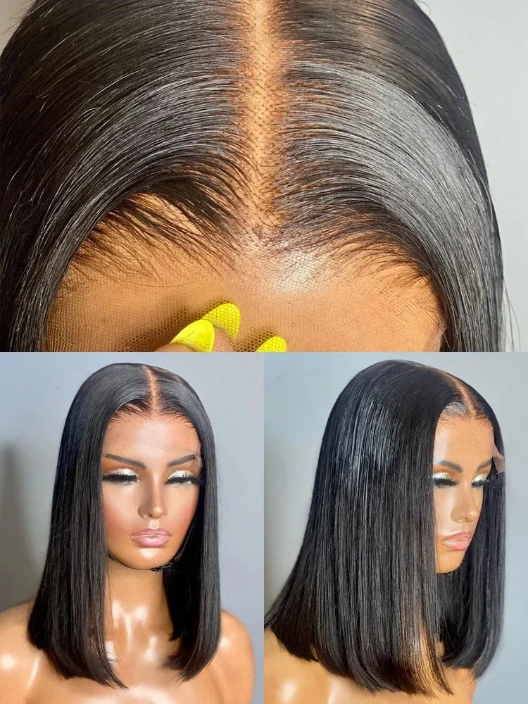 200% Density 13x4 Short Bob Straight Brazilian Remy Hair HD Transparent Lace Full Lace Frontal Wigs 100% Human Hair For Women