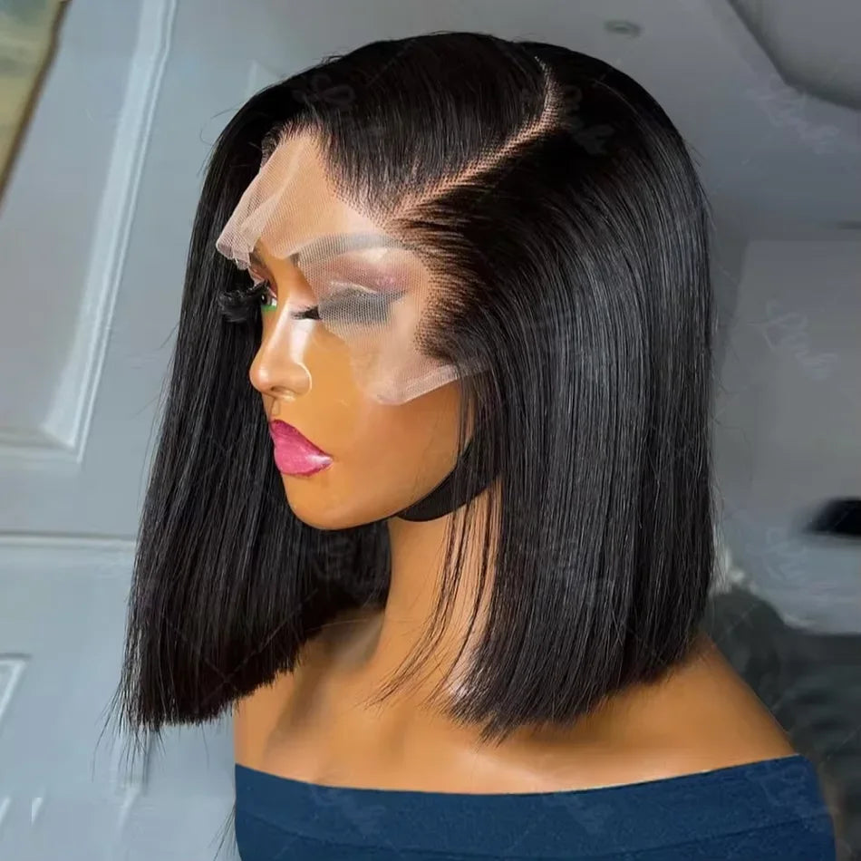 200% Density 13x4 Short Bob Straight Brazilian Remy Hair HD Transparent Lace Full Lace Frontal Wigs 100% Human Hair For Women