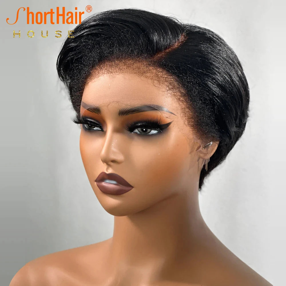 Kinky Edges Pixie Cut Lace Front Wigs Human Hair Straight Bob Curly Baby Hair 13X4 Transparent Lace Front Wig for Black Women