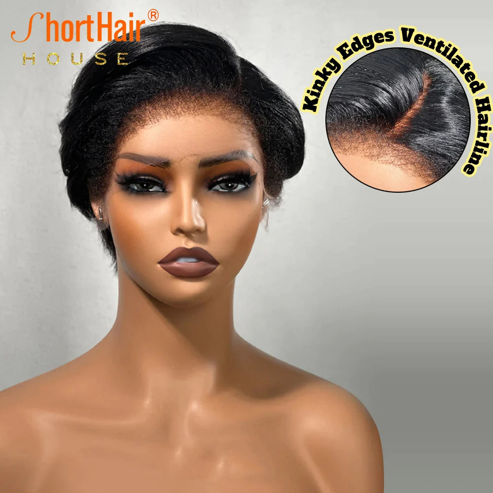 Kinky Edges Pixie Cut Lace Front Wigs Human Hair Straight Bob Curly Baby Hair 13X4 Transparent Lace Front Wig for Black Women