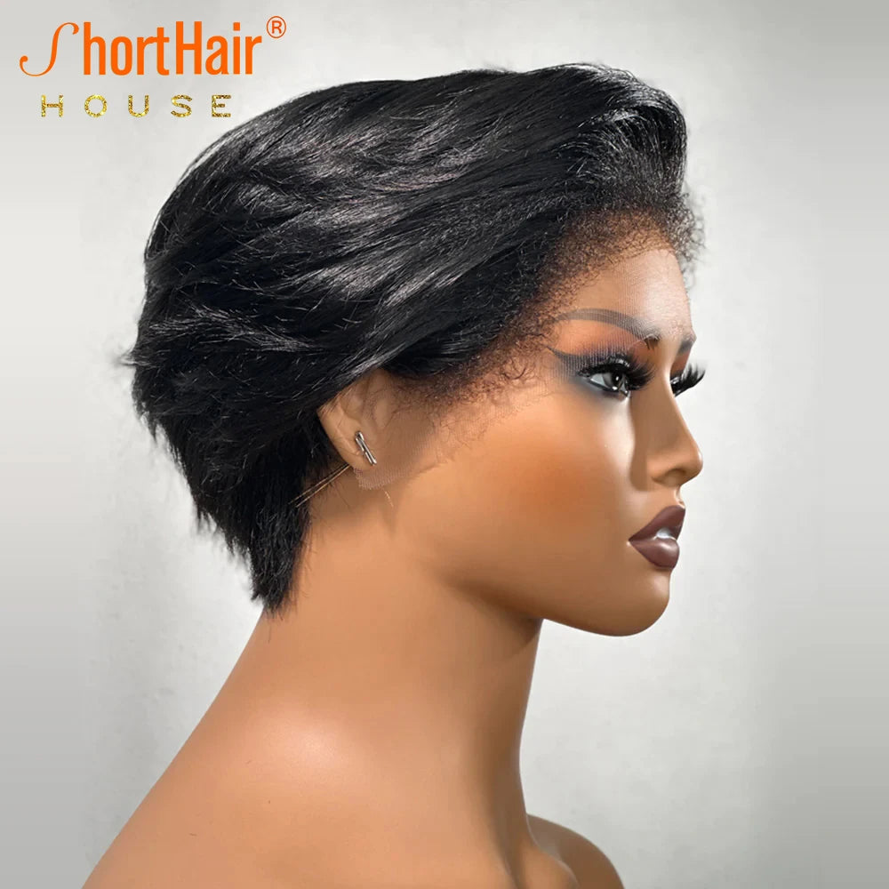 Kinky Edges Pixie Cut Lace Front Wigs Human Hair Straight Bob Curly Baby Hair 13X4 Transparent Lace Front Wig for Black Women