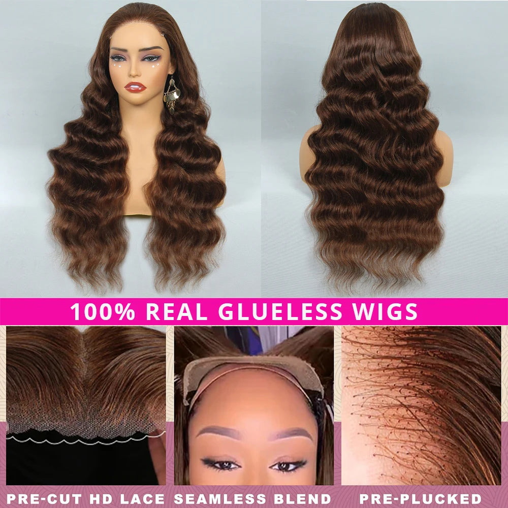 Chocolate Brown Glueless Wigs Human Hair Ready To Wear And Go Transparent 13x4 HD Lace Frontal Wig Body Wave Lace Front Wig