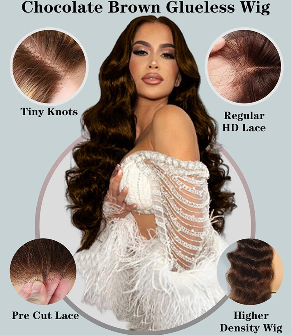 Chocolate Brown Glueless Wigs Human Hair Ready To Wear And Go Transparent 13x4 HD Lace Frontal Wig Body Wave Lace Front Wig