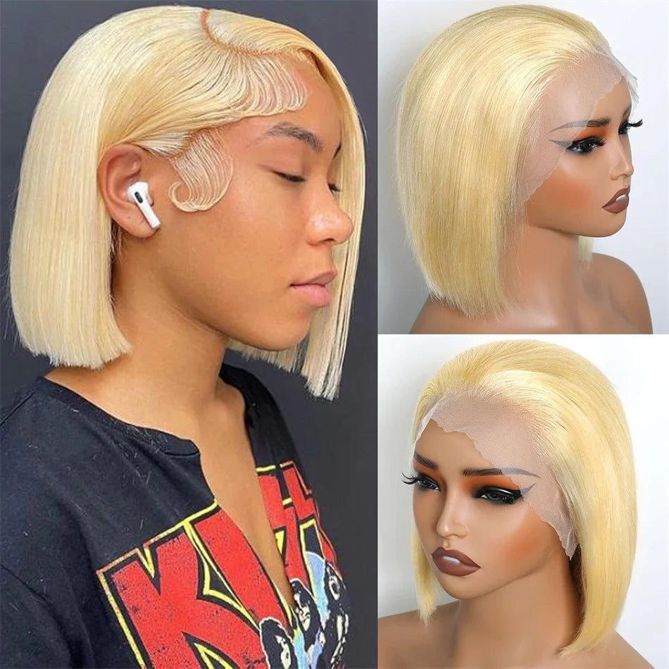 100% Vietnamese Super Double Drawn Bone Straight 13x4 Frontal Bob Wig with Human Hair 613Honey Blond 210%Density For Black Women