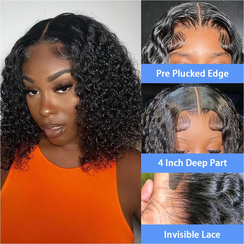 200 Density Deep Wave 13x4 Lace Front Human Hair Wigs Brazilian 100% Human Hair Pre Plucked Kinky Curly Short Bob Wigs For Women