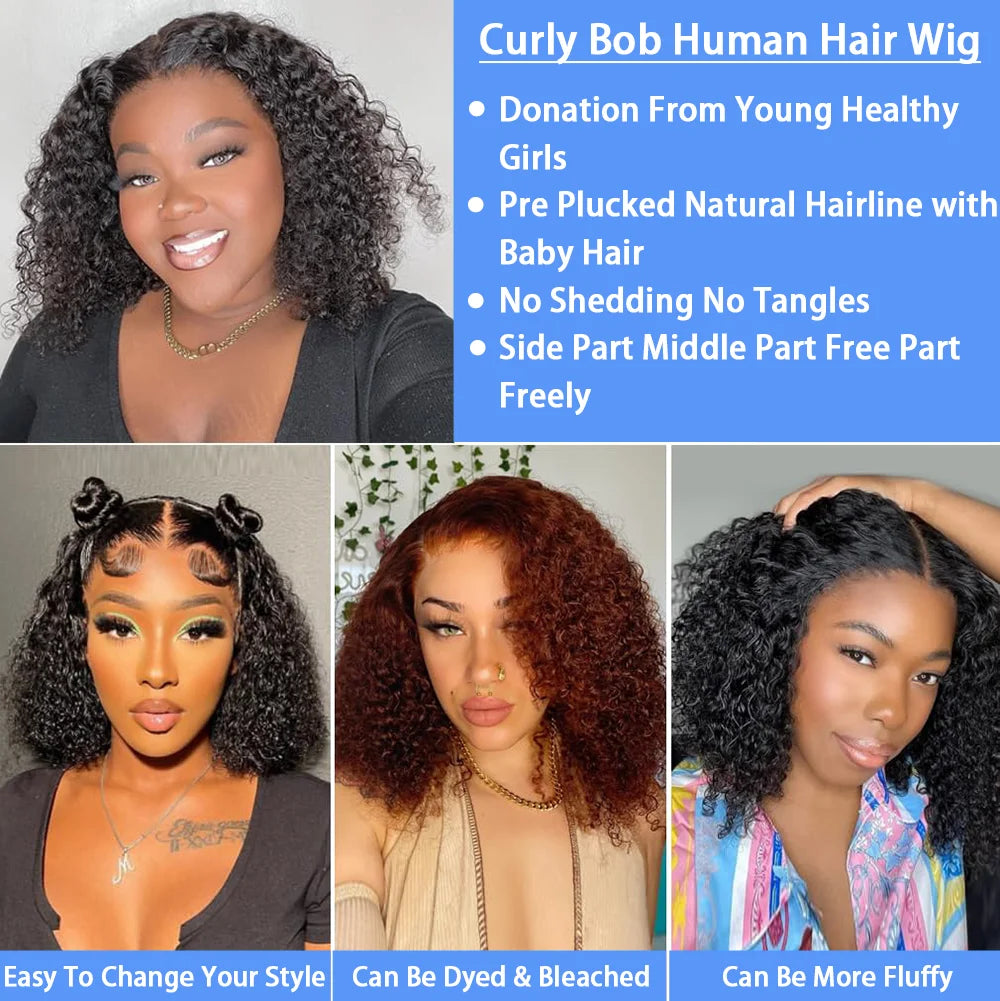 200 Density Deep Wave 13x4 Lace Front Human Hair Wigs Brazilian 100% Human Hair Pre Plucked Kinky Curly Short Bob Wigs For Women