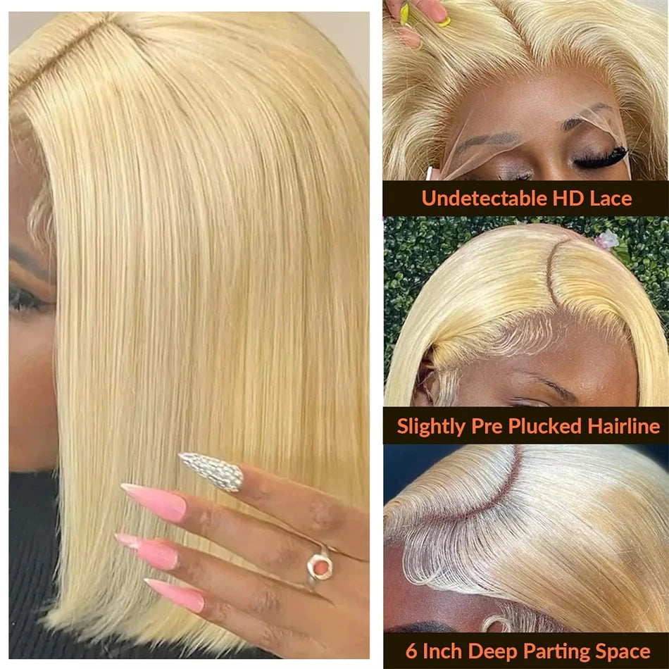 100% Vietnamese Super Double Drawn Bone Straight 13x4 Frontal Bob Wig with Human Hair 613Honey Blond 210%Density For Black Women