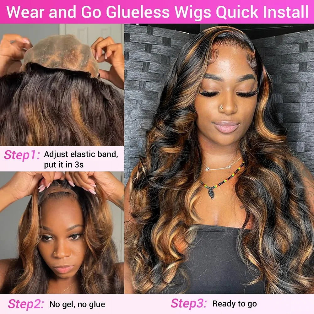 9x6 Glueless Wigs Human Hair Pre Cut Lace 1B/30 Colored Highlight Human Hair Wigs For Women Pre Plucked Body Wave Lace Front Wig
