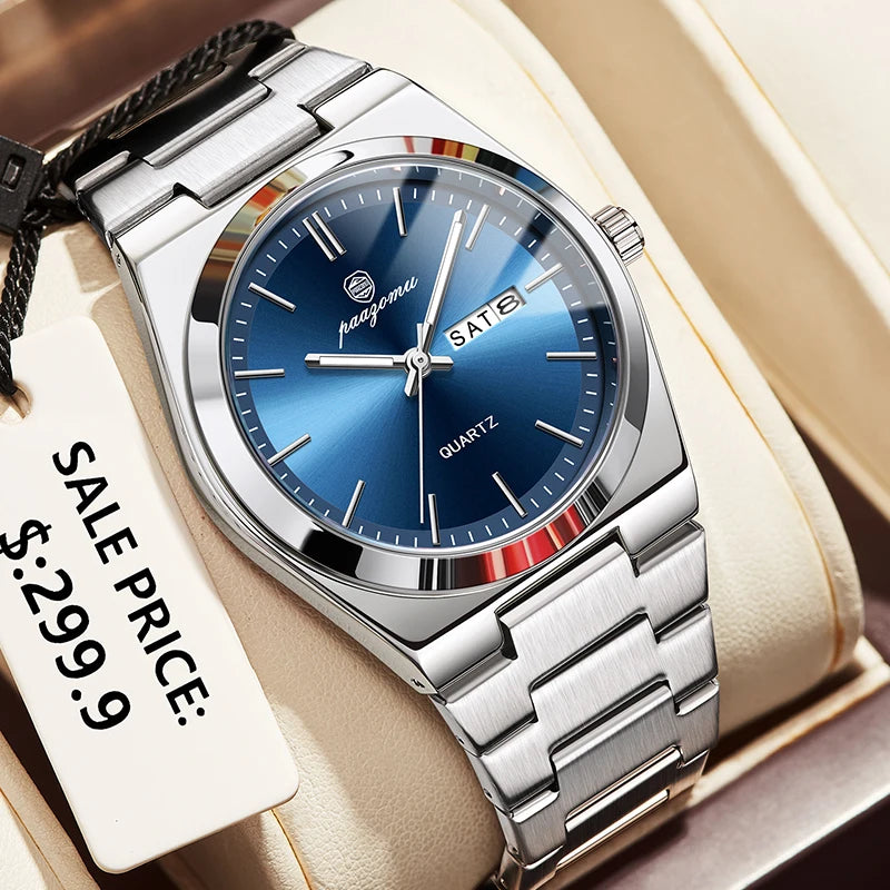 PENGAGAR Luxury Sport Quartz Man Wristwatch Waterproof Luminous Date Week Men Watches Stainless Steel Men's Watch Male Reloj+box