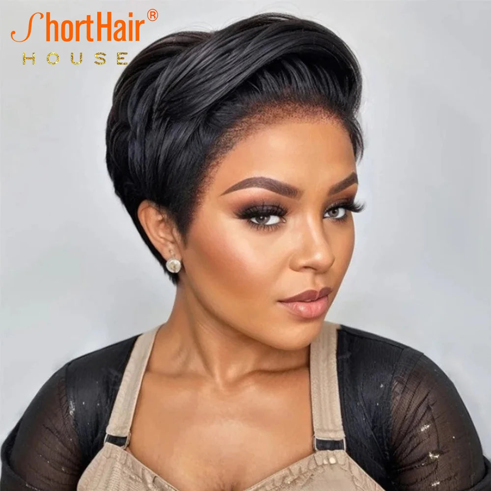 Kinky Edges Pixie Cut Lace Front Wigs Human Hair Straight Bob Curly Baby Hair 13X4 Transparent Lace Front Wig for Black Women