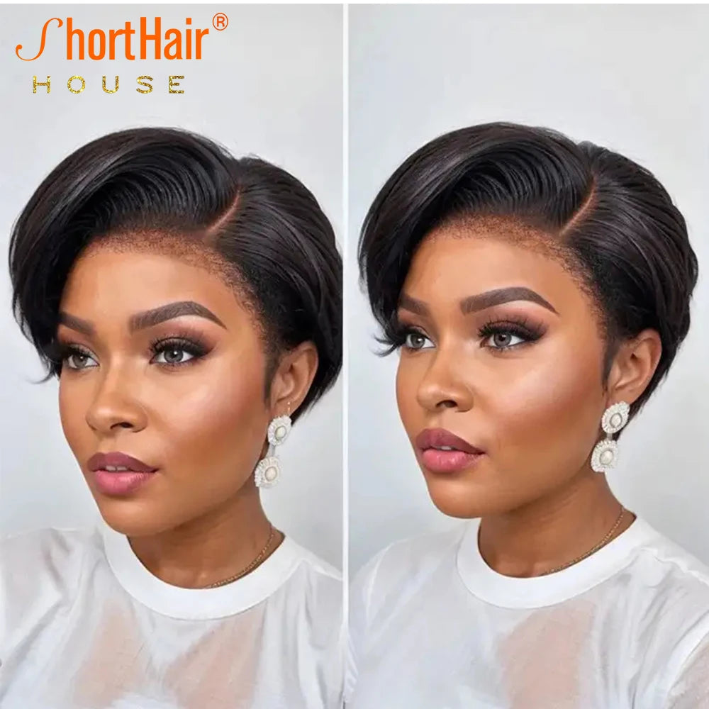 Kinky Edges Pixie Cut Lace Front Wigs Human Hair Straight Bob Curly Baby Hair 13X4 Transparent Lace Front Wig for Black Women