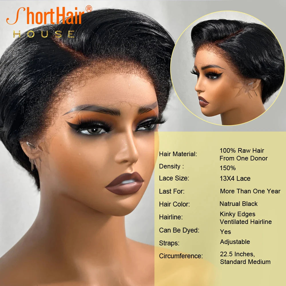 Kinky Edges Pixie Cut Lace Front Wigs Human Hair Straight Bob Curly Baby Hair 13X4 Transparent Lace Front Wig for Black Women