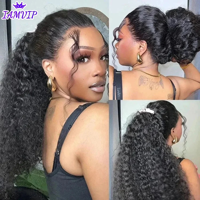 250 Density Invisi Strap 360 Full HD Lace Frontal Kinky Curly Wig Black Human Hair Drawstring Snug 30 inch Water Wig Glueless