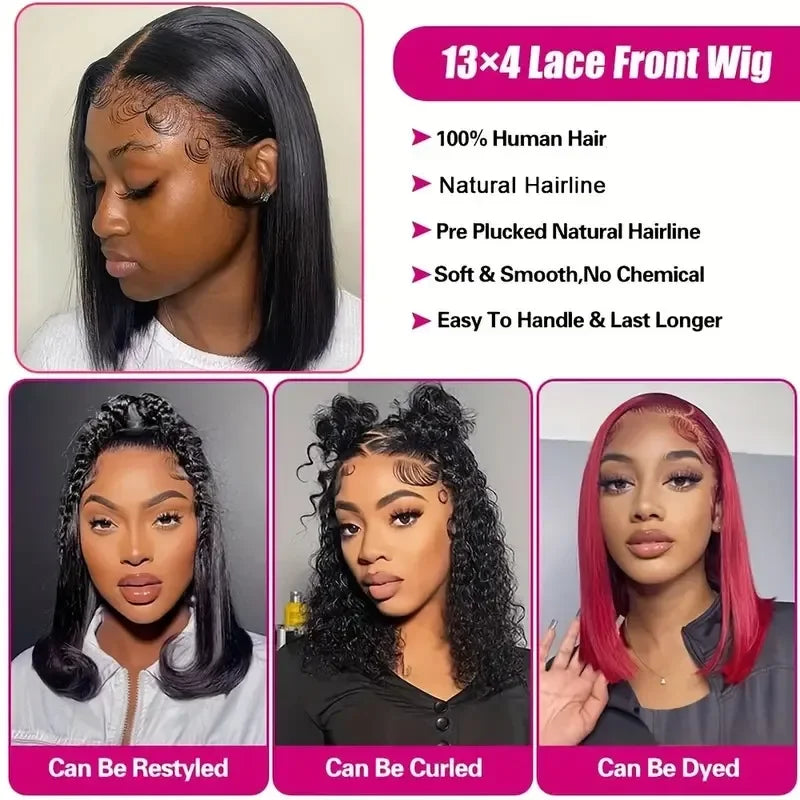 200% Density 13x4 Short Bob Straight Brazilian Remy Hair HD Transparent Lace Full Lace Frontal Wigs 100% Human Hair For Women