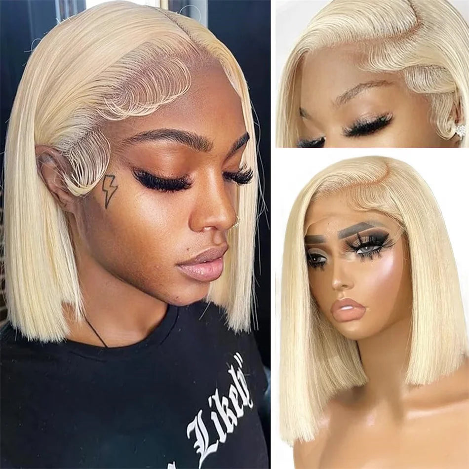 100% Vietnamese Super Double Drawn Bone Straight 13x4 Frontal Bob Wig with Human Hair 613Honey Blond 210%Density For Black Women